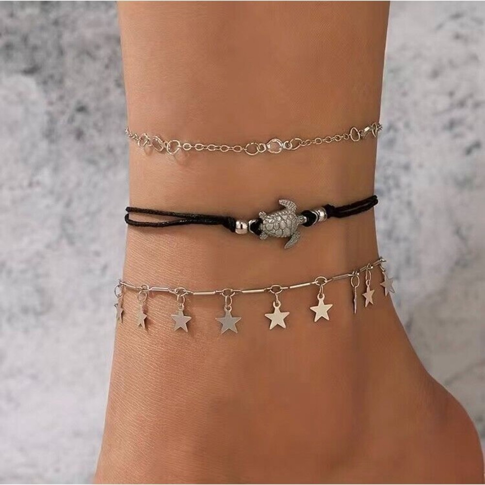 3 Pcs Ankle Bracelets Pendant Foot Chain Star Turtle Tassel  Women & Girls